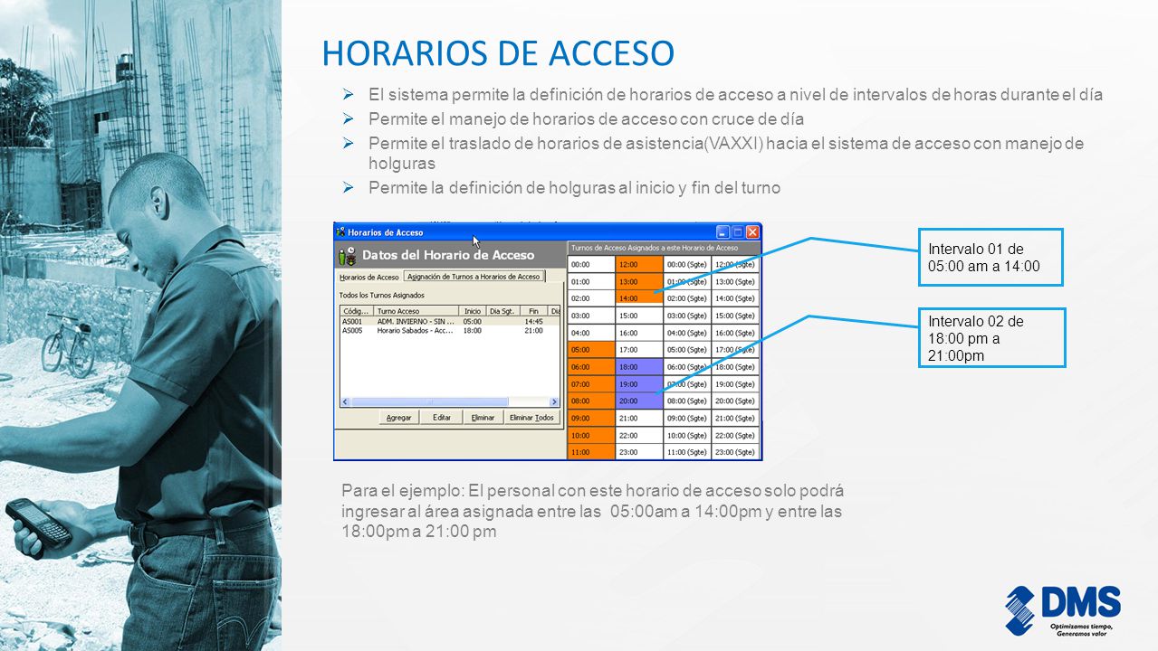 HORARIOS DE ACCESO El sistema permite la definición de horarios de acceso a nivel de intervalos de horas durante el día.