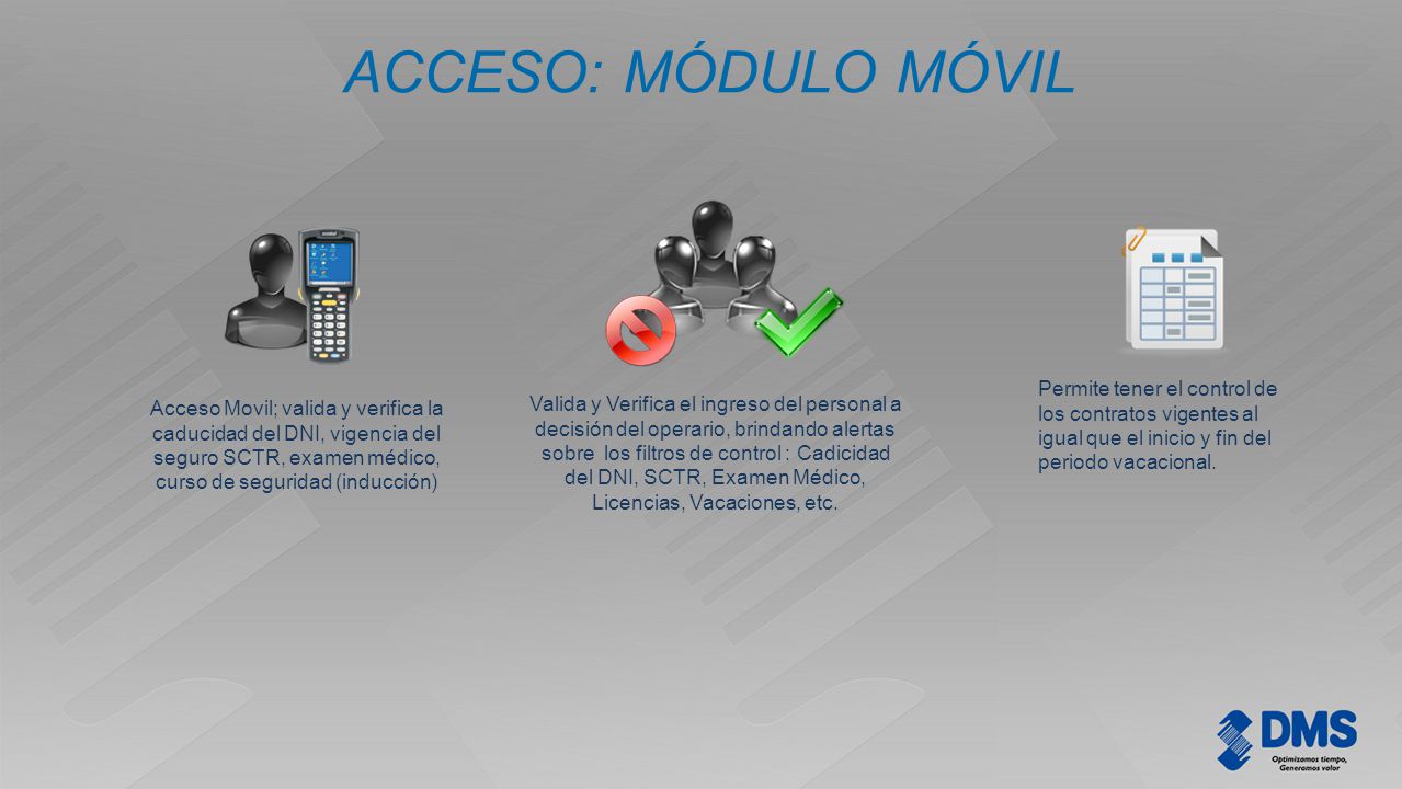 ACCESO: MÓDULO MÓVIL Permite tener el control de los contratos vigentes al igual que el inicio y fin del periodo vacacional.