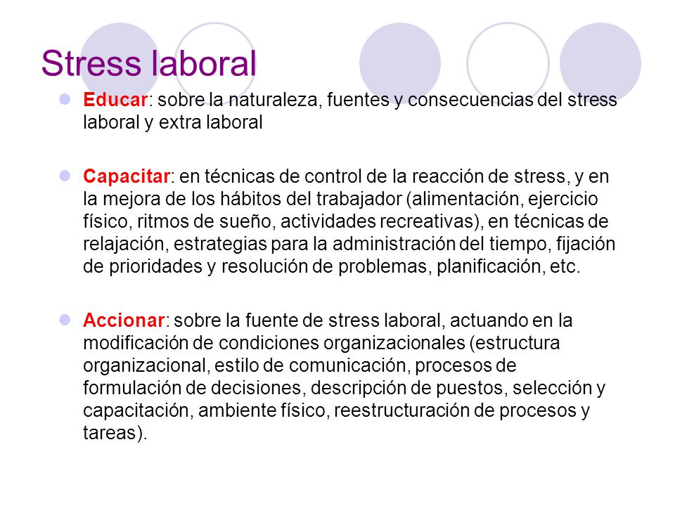 Stress laboral Educar: sobre la naturaleza, fuentes y consecuencias del stress laboral y extra laboral.