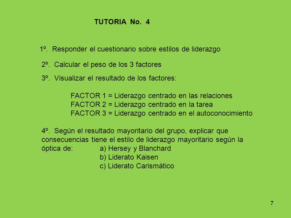 TUTORIA No. 4 1º. Responder el cuestionario sobre estilos de liderazgo. 2º. Calcular el peso de los 3 factores.