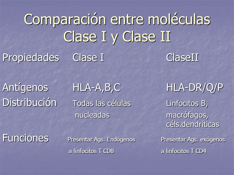 Comparación entre moléculas Clase I y Clase II