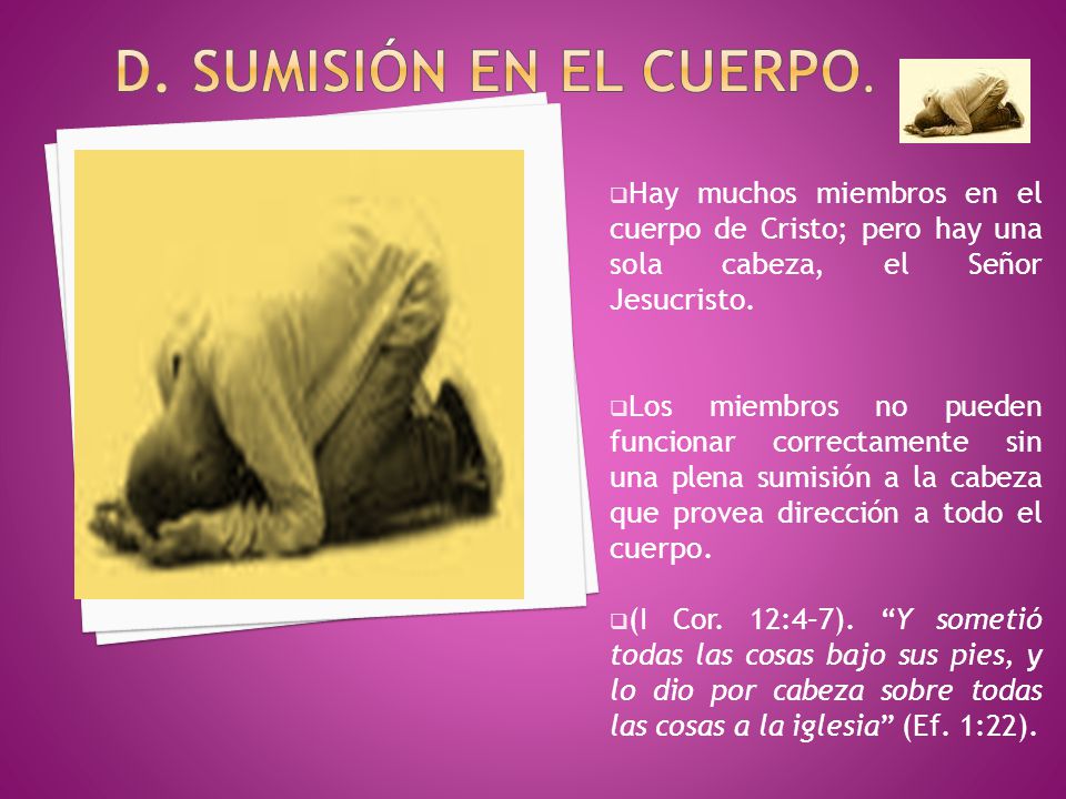 D. Sumisión EN EL CUERPO. Hay muchos miembros en el cuerpo de Cristo; pero hay una sola cabeza, el Señor Jesucristo.