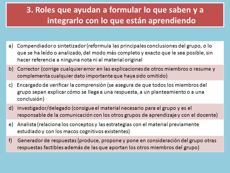 3. Roles que ayudan a formular lo que saben y a integrarlo con lo que están aprendiendo