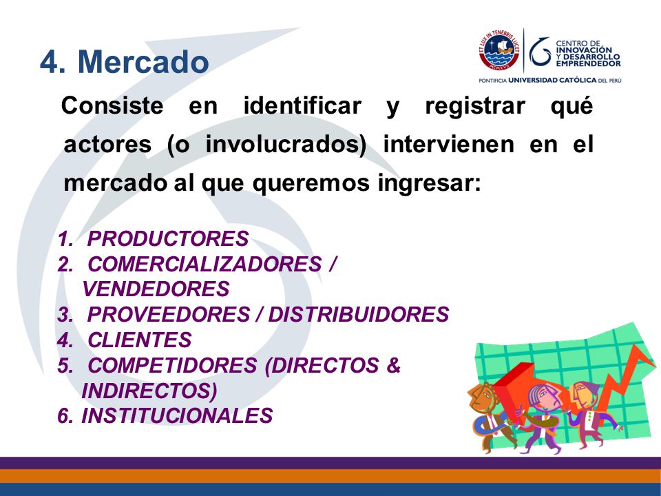 Mercado Consiste en identificar y registrar qué actores (o involucrados) intervienen en el mercado al que queremos ingresar:
