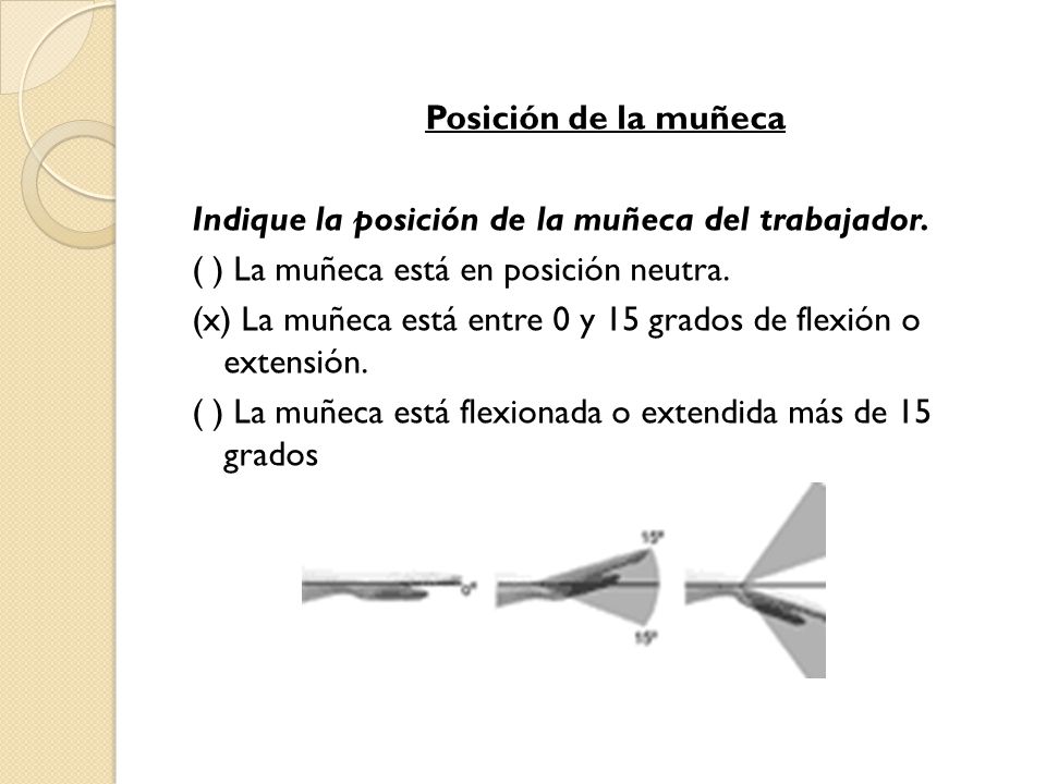 Posición de la muñeca Indique la posición de la muñeca del trabajador. ( ) La muñeca está en posición neutra.