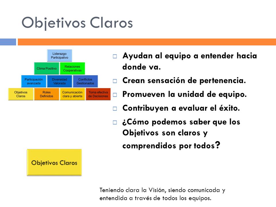 Objetivos Claros Ayudan al equipo a entender hacia donde va.