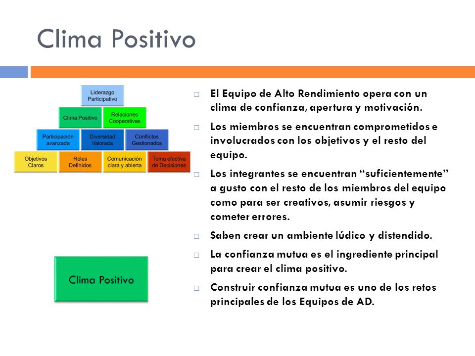 Clima Positivo El Equipo de Alto Rendimiento opera con un clima de confianza, apertura y motivación.