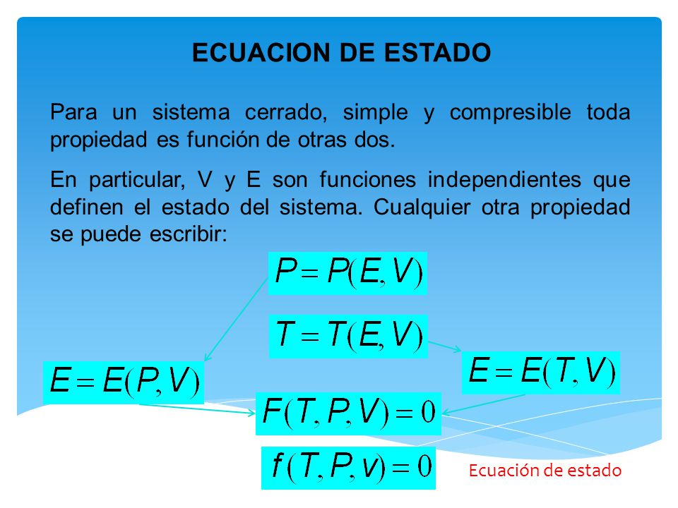 ECUACION DE ESTADO Para un sistema cerrado, simple y compresible toda propiedad es función de otras dos.