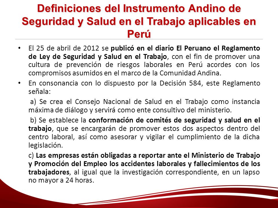 Definiciones del Instrumento Andino de Seguridad y Salud en el Trabajo aplicables en Perú