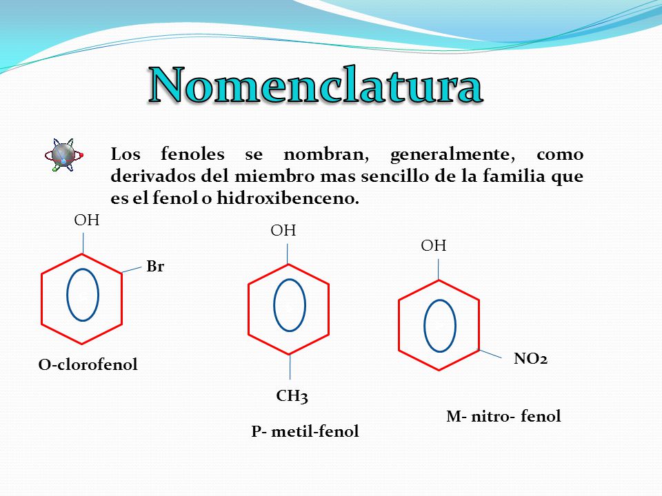 Nomenclatura Los fenoles se nombran, generalmente, como derivados del miembro mas sencillo de la familia que es el fenol o hidroxibenceno.