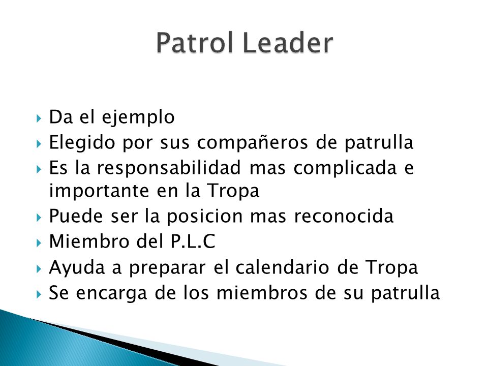 Patrol Leader Da el ejemplo Elegido por sus compañeros de patrulla