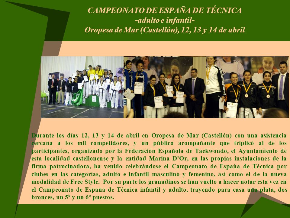 CAMPEONATO DE ESPAÑA DE TÉCNICA -adulto e infantil- Oropesa de Mar (Castellón), 12, 13 y 14 de abril