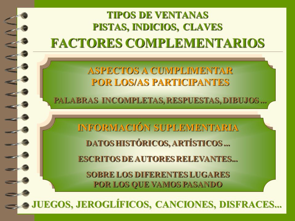 TIPOS DE VENTANAS PISTAS, INDICIOS, CLAVES FACTORES COMPLEMENTARIOS