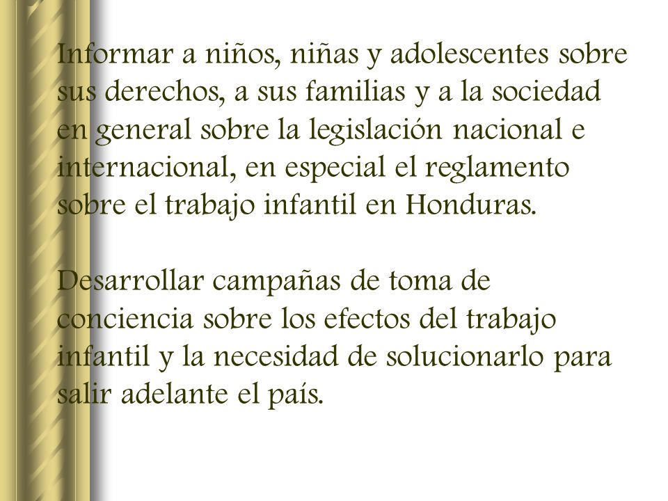 Informar a niños, niñas y adolescentes sobre sus derechos, a sus familias y a la sociedad en general sobre la legislación nacional e internacional, en especial el reglamento sobre el trabajo infantil en Honduras.