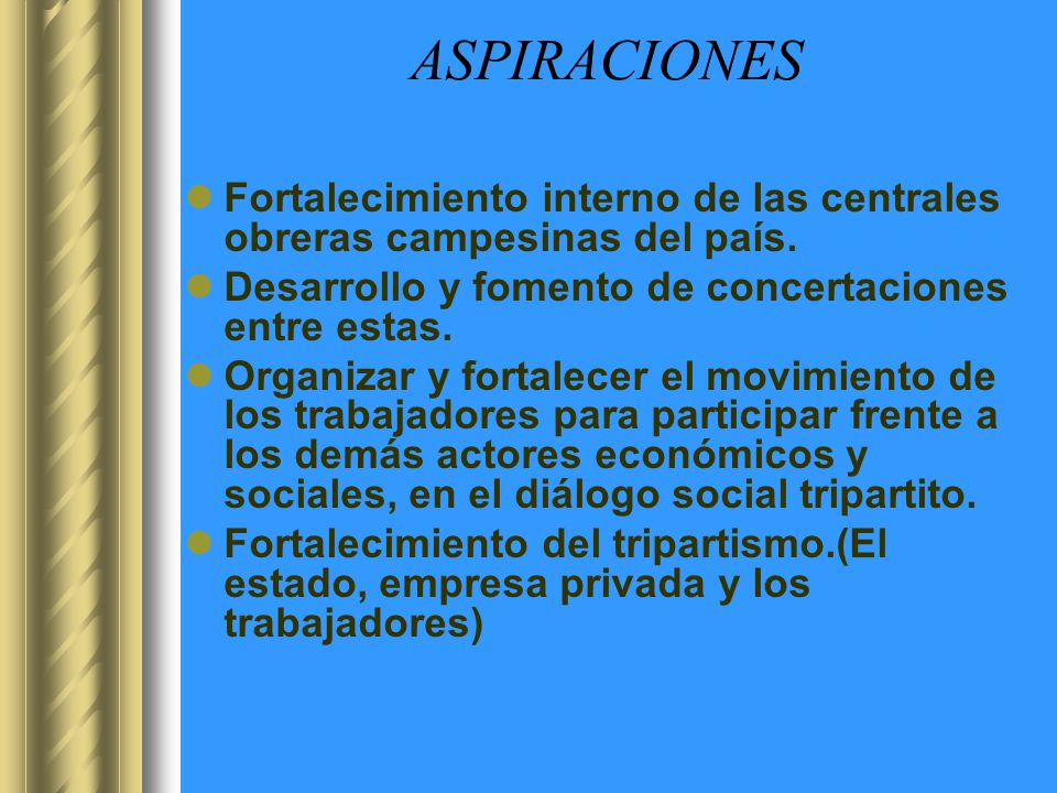 ASPIRACIONES Fortalecimiento interno de las centrales obreras campesinas del país. Desarrollo y fomento de concertaciones entre estas.