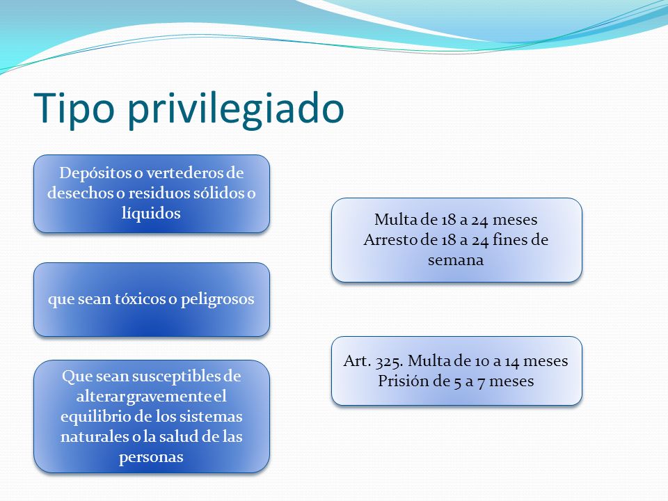 Tipo privilegiado Depósitos o vertederos de desechos o residuos sólidos o líquidos. Multa de 18 a 24 meses.