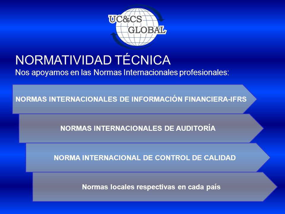 NORMATIVIDAD TÉCNICA Nos apoyamos en las Normas Internacionales profesionales: NORMAS INTERNACIONALES DE INFORMACIÓN FINANCIERA-IFRS.