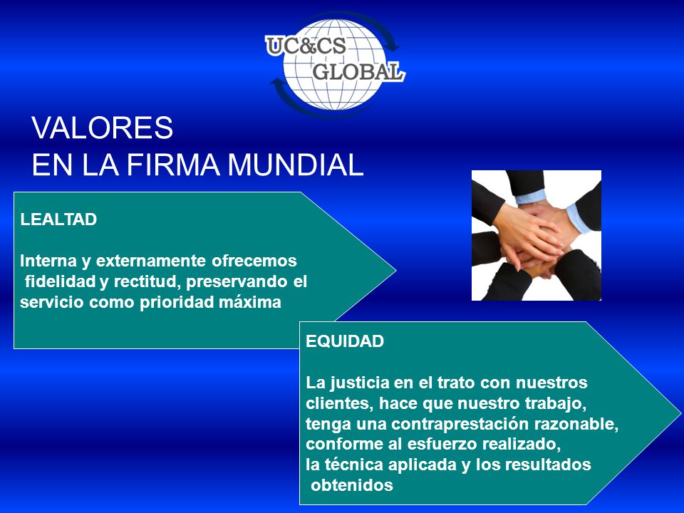 VALORES EN LA FIRMA MUNDIAL LEALTAD Interna y externamente ofrecemos