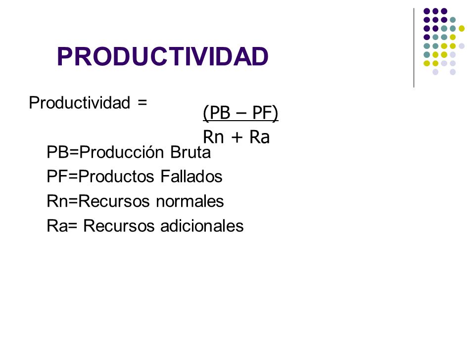 PRODUCTIVIDAD (PB – PF) Rn + Ra Productividad = PB=Producción Bruta
