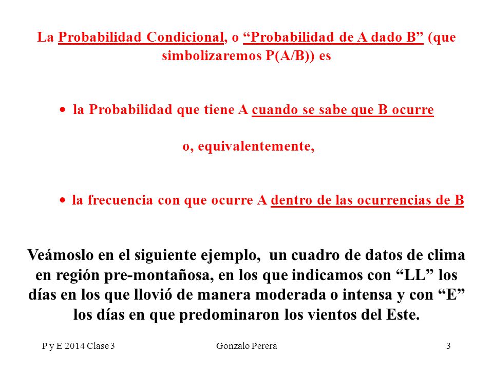 La Probabilidad Condicional, o Probabilidad de A dado B (que simbolizaremos P(A/B)) es