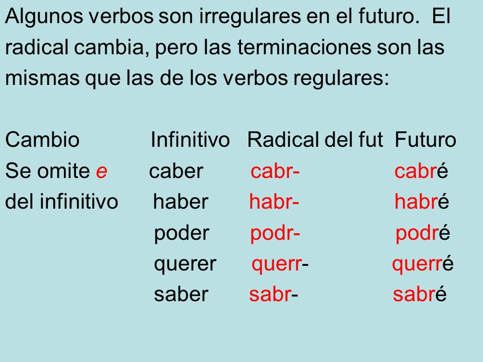 Algunos verbos son irregulares en el futuro. El
