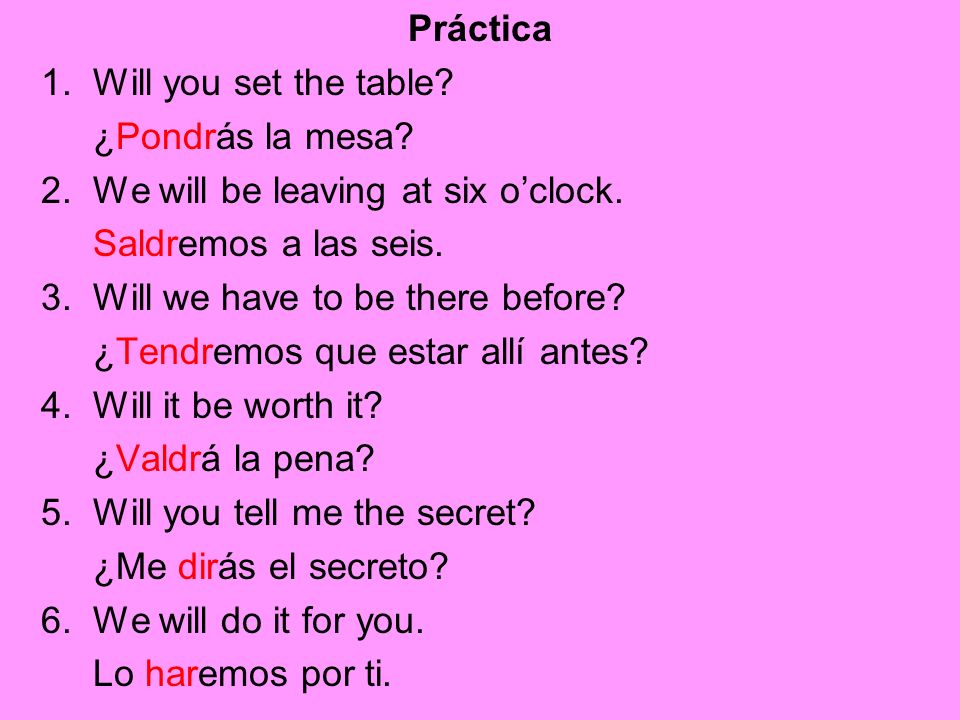 Práctica 1. Will you set the table ¿Pondrás la mesa 2. We will be leaving at six o’clock. Saldremos a las seis.