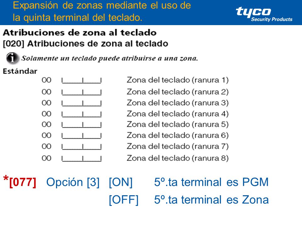 Expansión de zonas mediante el uso de la quinta terminal del teclado.