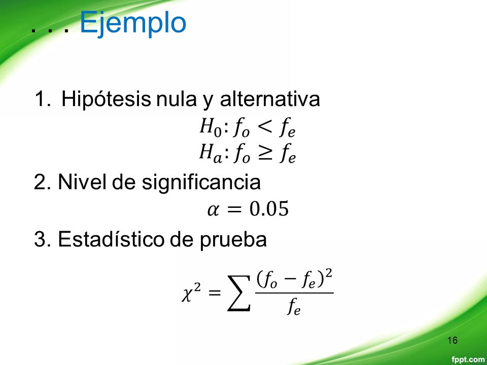 . . . Ejemplo Hipótesis nula y alternativa 𝐻 0 : 𝑓 𝑜 < 𝑓 𝑒