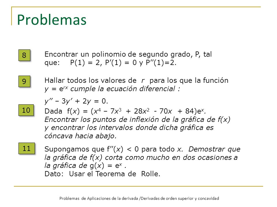 Problemas 8. Encontrar un polinomio de segundo grado, P, tal que: P(1) = 2, P’(1) = 0 y P’’(1)=2.