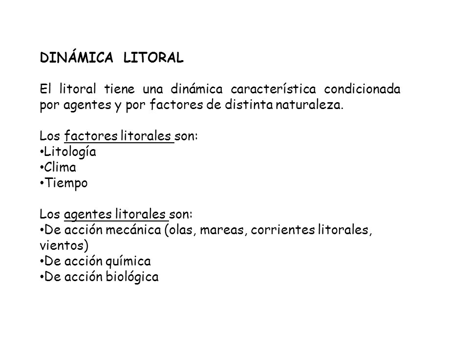 DINÁMICA LITORAL El litoral tiene una dinámica característica condicionada por agentes y por factores de distinta naturaleza.