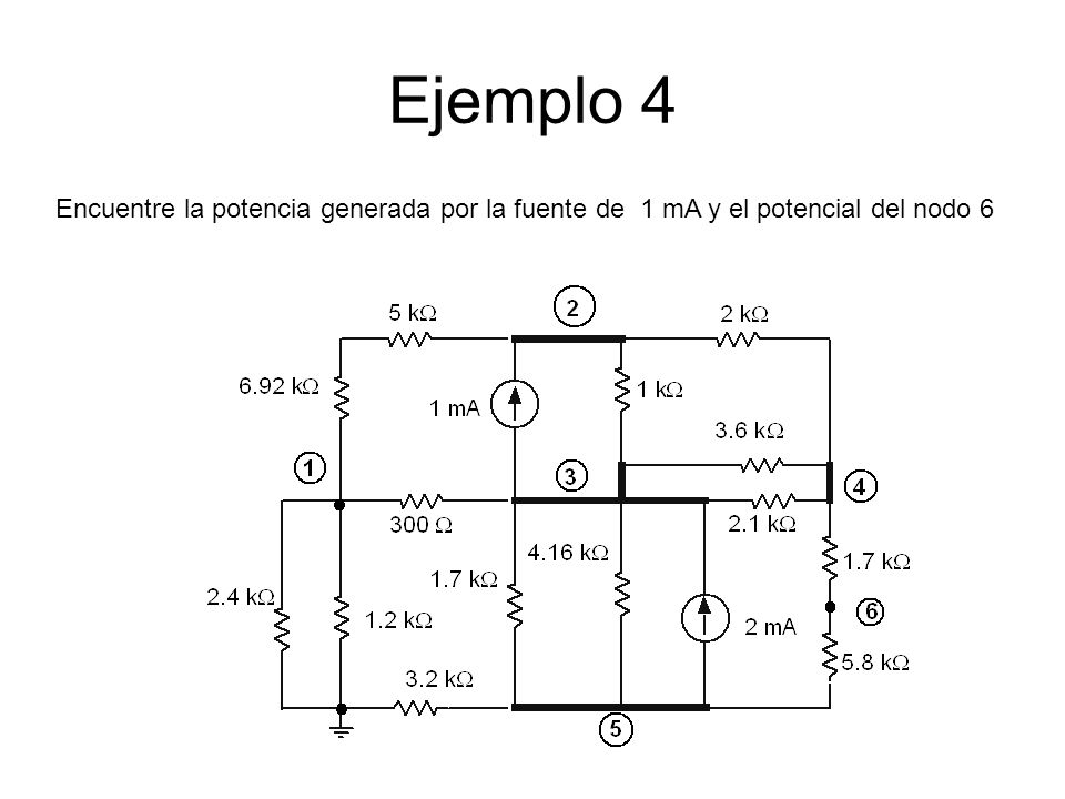 Ejemplo 4 Encuentre la potencia generada por la fuente de 1 mA y el potencial del nodo 6