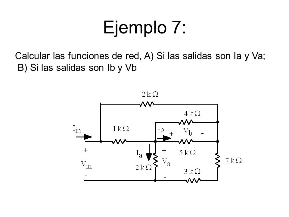 Ejemplo 7: Calcular las funciones de red, A) Si las salidas son Ia y Va; B) Si las salidas son Ib y Vb.