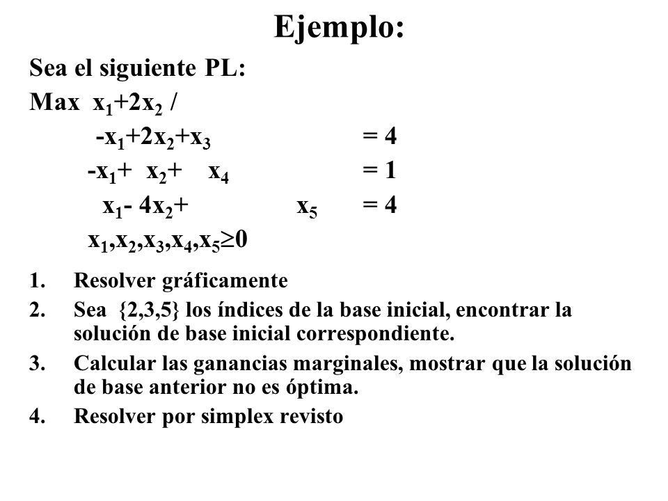Ejemplo: Sea el siguiente PL: Max x1+2x2 / -x1+2x2+x3 = 4