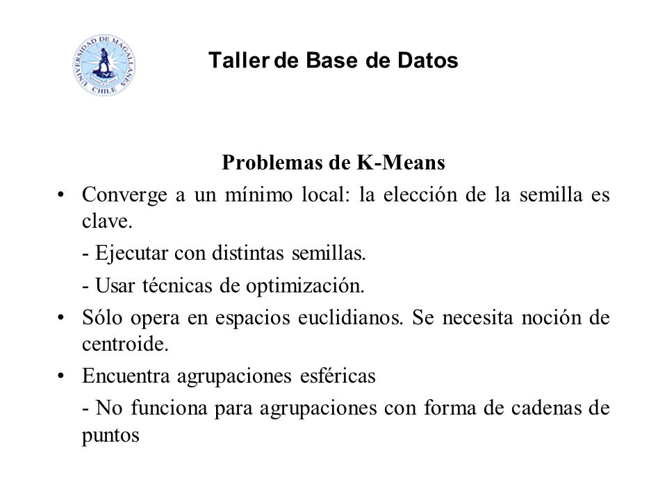 Taller de Base de Datos Problemas de K-Means. Converge a un mínimo local: la elección de la semilla es clave.