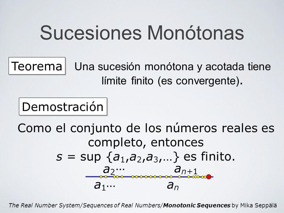Una sucesión monótona y acotada tiene límite finito (es convergente).
