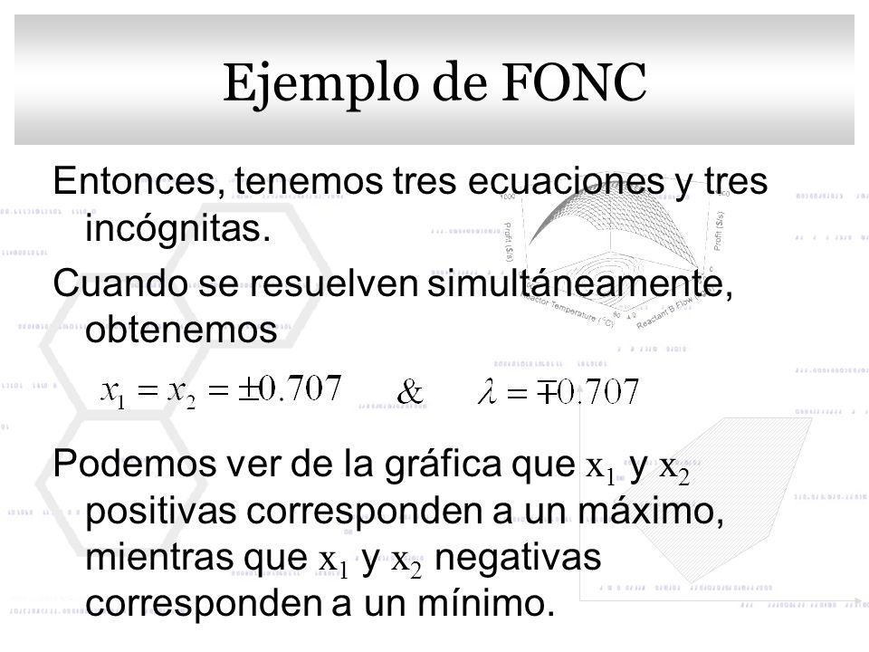 Ejemplo de FONC Entonces, tenemos tres ecuaciones y tres incógnitas.