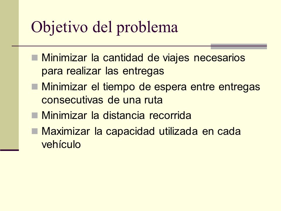 Objetivo del problema Minimizar la cantidad de viajes necesarios para realizar las entregas.