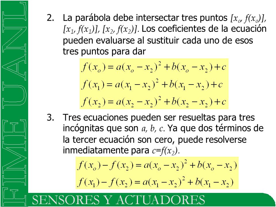 La parábola debe intersectar tres puntos [xo, f(xo)], [x1, f(x1)], [x2, f(x2)]. Los coeficientes de la ecuación pueden evaluarse al sustituir cada uno de esos tres puntos para dar