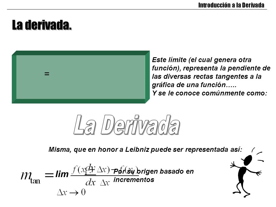 La Derivada La derivada. = lim Este límite (el cual genera otra