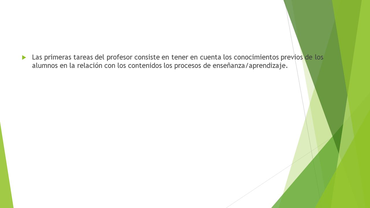 Las primeras tareas del profesor consiste en tener en cuenta los conocimientos previos de los alumnos en la relación con los contenidos los procesos de enseñanza/aprendizaje.