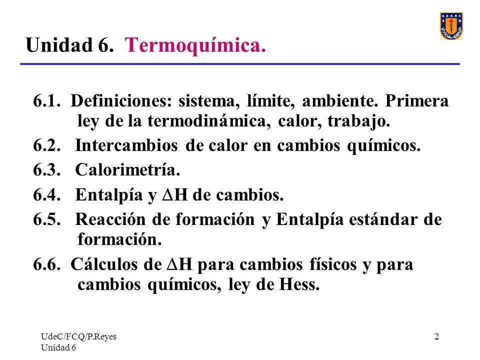 Unidad 6. Termoquímica Definiciones: sistema, límite, ambiente. Primera ley de la termodinámica, calor, trabajo.