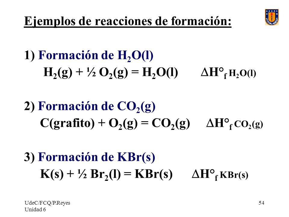 Ejemplos de reacciones de formación: Formación de H2O(l)