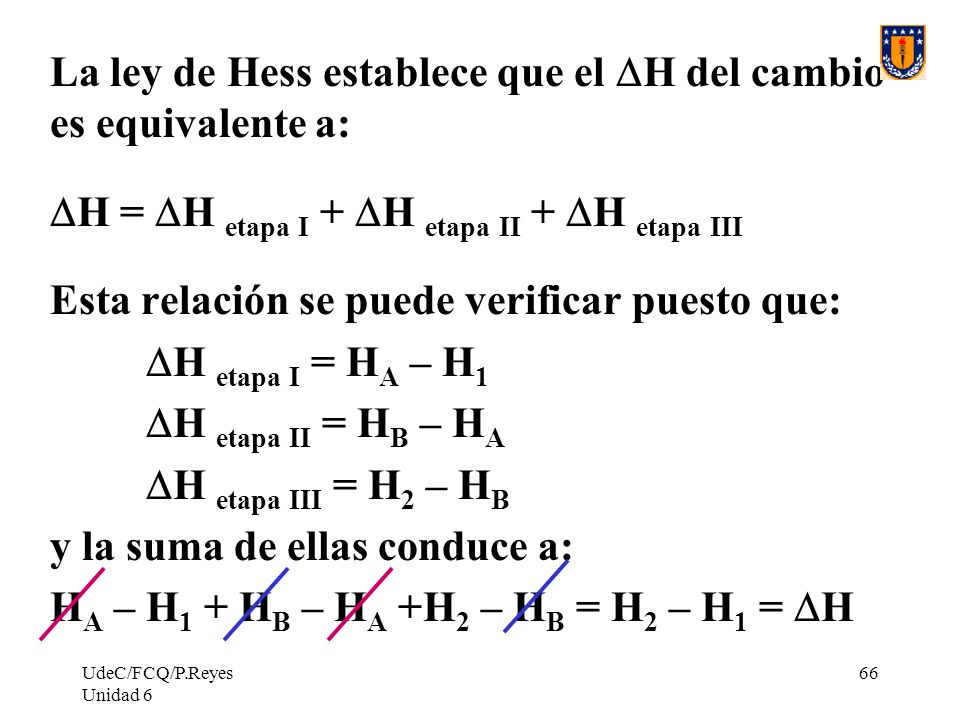 La ley de Hess establece que el DH del cambio es equivalente a: