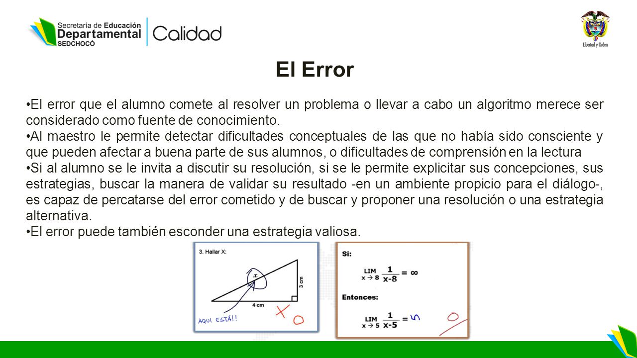 El Error El error que el alumno comete al resolver un problema o llevar a cabo un algoritmo merece ser considerado como fuente de conocimiento.
