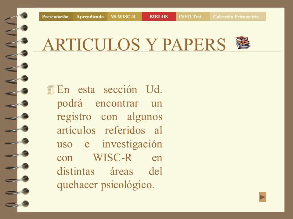 Presentación Aprendiendo. Mi WISC-R. BIBLOS. INFO-Test. Colección Psicometría. ARTICULOS Y PAPERS.