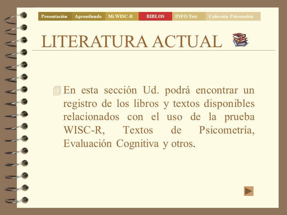Presentación Aprendiendo. Mi WISC-R. BIBLOS. INFO-Test. Colección Psicometría. LITERATURA ACTUAL.