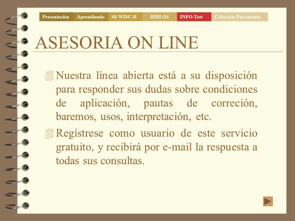 Presentación Aprendiendo. Mi WISC-R. BIBLOS. INFO-Test. Colección Psicometría. ASESORIA ON LINE.