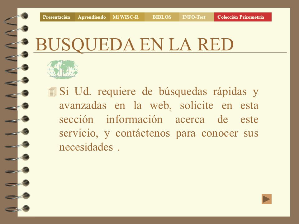 Presentación Aprendiendo. Mi WISC-R. BIBLOS. INFO-Test. Colección Psicometría. BUSQUEDA EN LA RED.