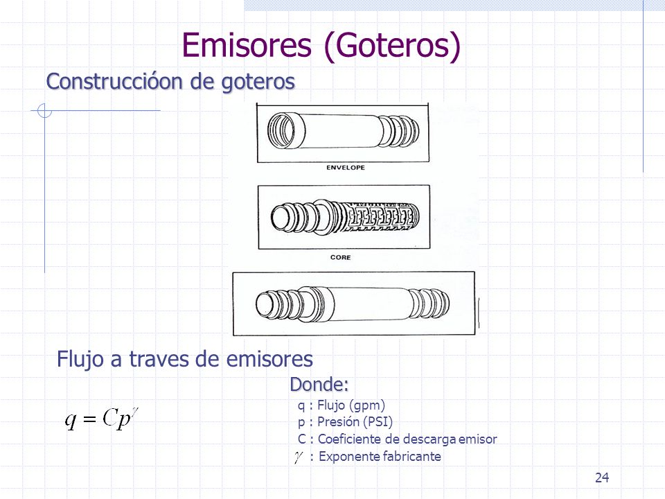Emisores (Goteros) Construccióon de goteros Flujo a traves de emisores