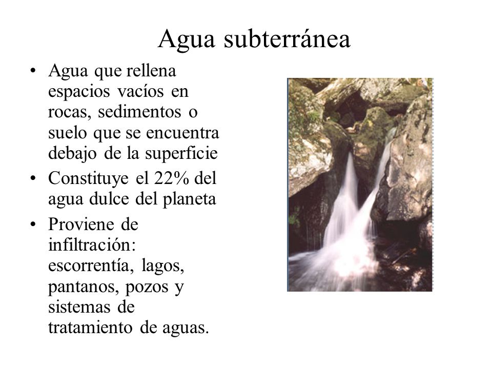 Agua subterránea Agua que rellena espacios vacíos en rocas, sedimentos o suelo que se encuentra debajo de la superficie.